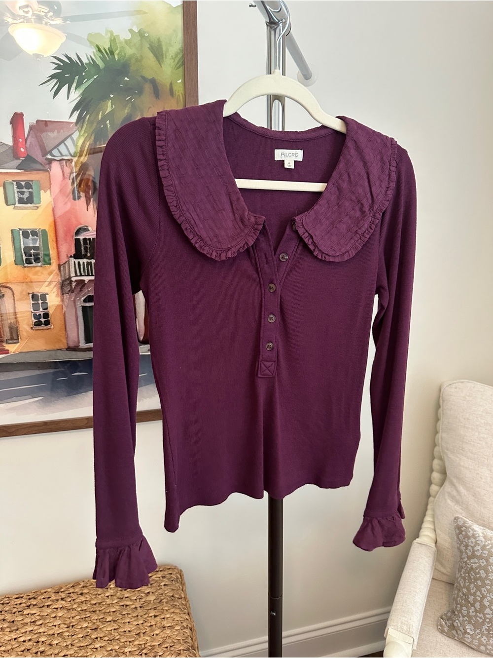 Anthropologie Pilcro Plum Long-Sleeve Ruffle Collar Top